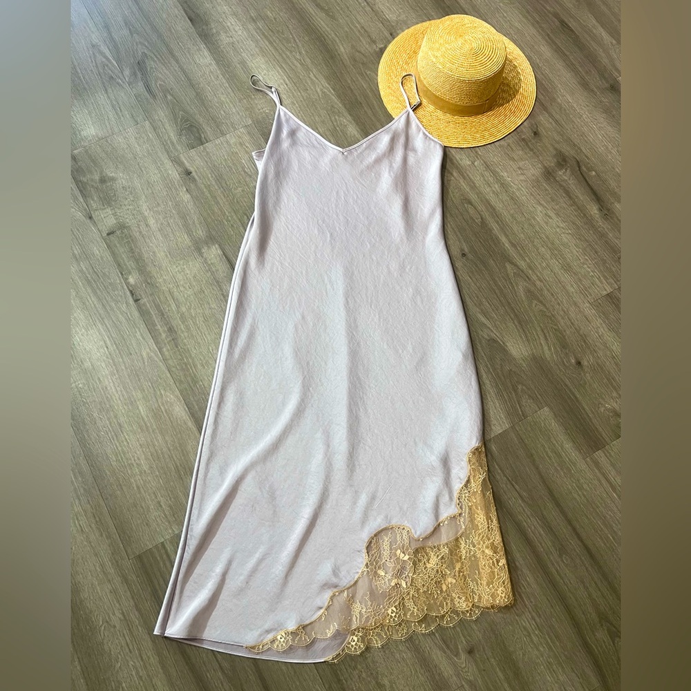 Aritzia Wilfred Lilac Slip Dress with Gold Lace